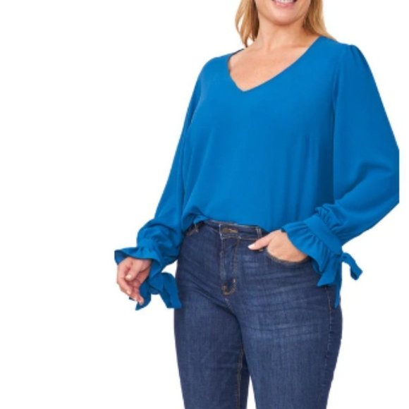 Cece Women's Solid Long Sleeve V-Neck Poppy Tie Sleeve Blue Size 2x - Picture 1 of 3